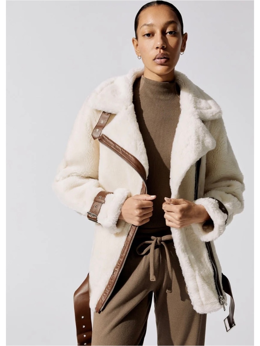 Stand Studio Off White Brown Colleen Sherpa Moto Jacket Size 36 / US 4